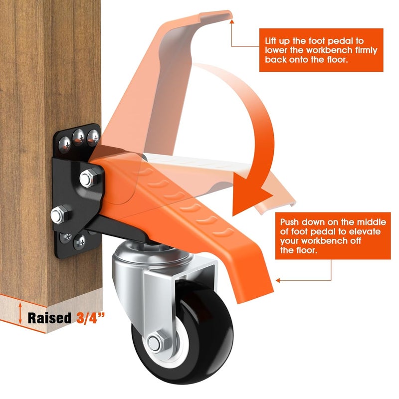 Ronlap Workbench Casters Wheels Kit 660 Lbs Capacity Retractable Casters Set of 4 Heavy Duty Side Mount 2.5" Lifting Caster Work Table Tool Bench Stepdown Castors Wheels 4 Pack - Image 5